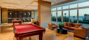 Two pool tables, satellite TV, couches, wood flooring full glass wall.