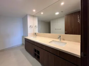 The mirror covers the entire wall