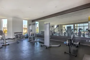Strength training area in the oceanview gym at Palacio del Mar, featuring machines and free weights for a complete workout.