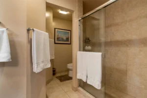 Large remodeled shower with floor to ceiling modern tile.