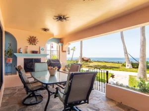 The oceanfront patio also features its own fireplace
