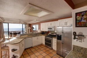 The kitchen is also oriented toward the ocean views