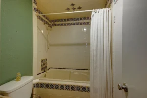 This shower includes a large tub and floor-to-ceiling Mexican tile.