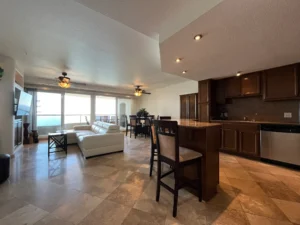 Ocean View Condo for Rent in Rosarito | La Jolla del Mar - Kitchen and living blend together seamlessly