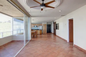 The dining area offers a wide line of windows with expansive ocean views