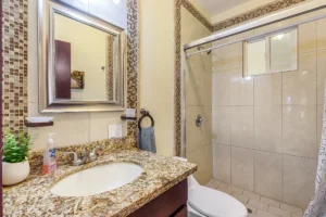 This level provides a full bathroom with a shower.